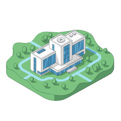 Modern Medical Facility With Clean Window Design and Symmetrical Layout Surrounded by Green Trees and Pathways Under Daylight