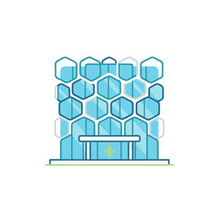 Modern Stylized Hospital Building With Hexagonal Facade And Central Atrium In Soft Blue And White Tones With Green Accent