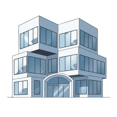 Modern stylized vector hospital building with bold rooftop elements and a strong central axis in a clean white design with blue tinted glass windows and clear architectural lines representing