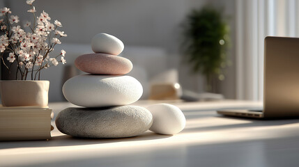 Calm office environment with stones and laptop reflecting work life balance and inner peace