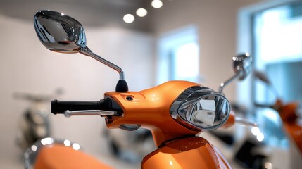 Bright orange scooter displayed in a modern showroom with stylish design and sleek lines
