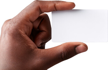Obraz premium Hand holding blank white card, close up, isolated on transparent background, mockup template