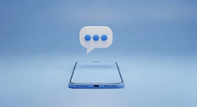 Smartphone with chat bubble icon floating above screen on blue background