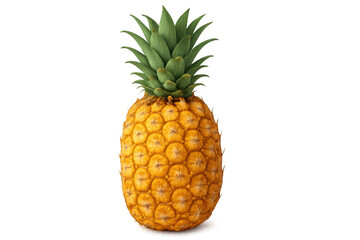 Fototapeta premium Ripe whole pineapple standing upright with green crown, fresh tropical fruit with yellow skin, transparent background