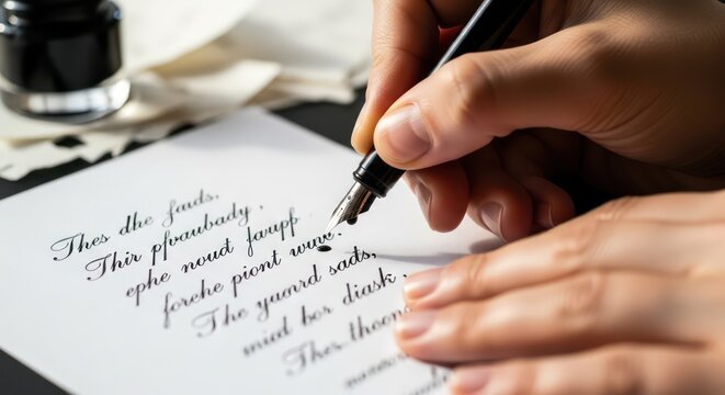 Close-up of a person's hands writing with a fountain pen on paper with cursive script, surrounded by an inkwell and papers on a desk with a shallow depth of field, conveying a calm and