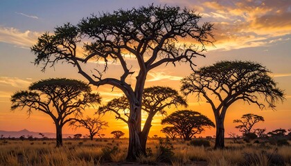 Fototapeta premium Stunning African Sunset Scene with Silhouetted Trees and Vibrant Sky