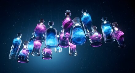 colorful bottles potions glowing blue purple liquid