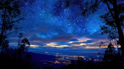 Night Sky View Above A City Landscape With Silhouette Trees Under Blue And Purple Sky