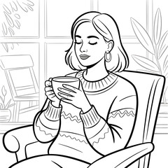 Woman Relaxing with Coffee Coloring Page &ndash; Cozy Indoor Vector Illustration for Adults