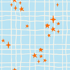 Seamless pattern with ink doodle abstract stars on grid. Trendy aesthetic geometric plaid minimalistic background. Hand drawn vector illustration. Сheckered, decorative, winter wallpaper.