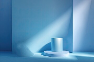 Fototapeta premium Light-drenched, pastel blue studio featuring a cylindrical podium