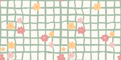 Fototapeta premium Seamless pattern with ink doodle abstract flowers and leaves on grid. Trendy aesthetic green background. Hand drawn vector illustration. Boho, beach, checkered romantic wallpaper.