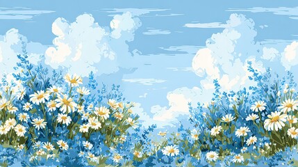 Pixelated Daisies and Blue Foliage under a Cloudy Sky