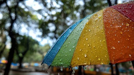 Raindrops On Colorful Umbrella Against Blurry Tree Background On Overcast Day