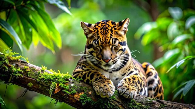 Clouded Leopard Resting on a Mossy Tree Branch in a Lush Green Forest.