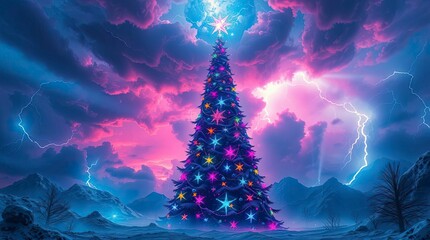 Futuristic Sci-Fi Christmas Tree Under Stormy Skies with Electric Vivid Colors