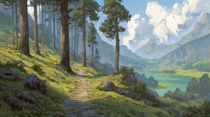 Scenic Mountain Path Through Lush Forest Beside Lake Under Cloudy Sky with Pixelated Effect