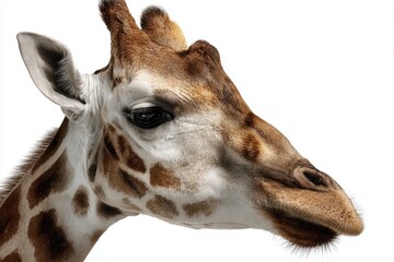 Naklejka premium Giraffe head displayed on transparent background showcasing its distinctive features and unique patterns in stunning detail