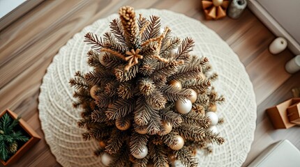 High-Angle Earth-Toned Christmas Tree Viewed from Above in Natural Browns and Beiges