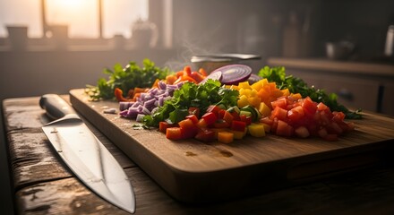 chopped vegetables colorful diced on cutting board kitchen scene