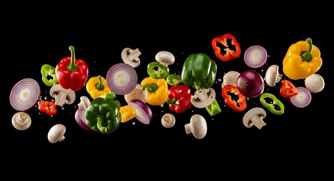 chopped vegetables fresh colorful falling flying black background studio shot