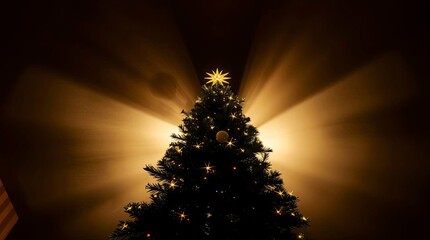 Dramatic Low-Angle Christmas Tree with Volumetric Lighting and Fog