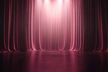 Stage set for performance with pink curtains and soft, warm lighting creating inviting ambiance. Reflective floor adds elegance, enhancing overall visual appeal. Neural network AI generated