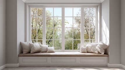 Sunlit Window Seat with Pillows Overlooking Autumn Trees