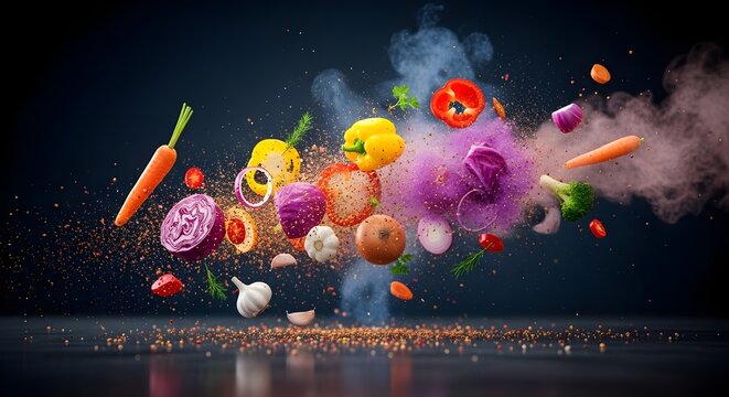 chopped vegetables colorful fresh spices exploding dynamic cooking - Powered by Adobe