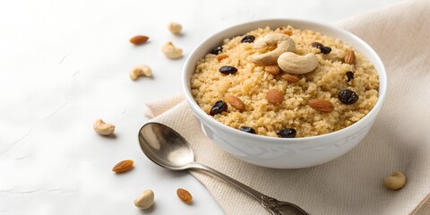 halwa (semolina pudding) garnished with cashews and raisins,