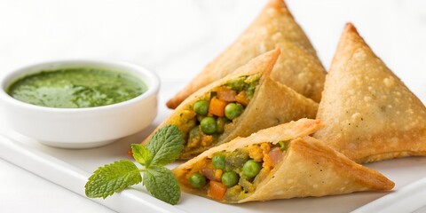 Jain samosas with peas and carrot filling, arranged diagonally with mint chutney