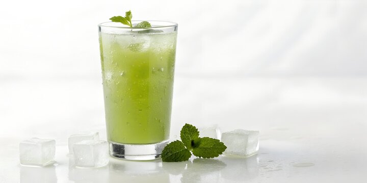 aam panna drink in clear glass with condensation and mint leaves