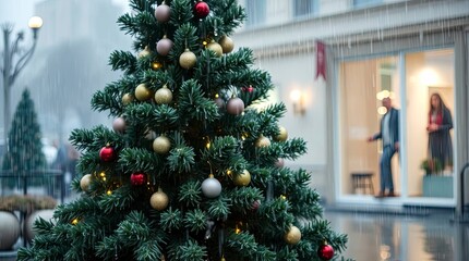 Graceful Christmas Tree in a Soft Rainy Pastel Scene