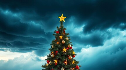 Adorable Cute Christmas Tree Under Dramatic Stormy Skies with Intense Contrast and Charming Details