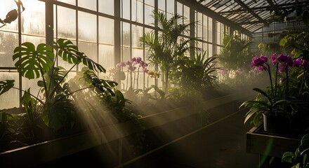 Fototapeta na wymiar sunlight through window greenhouse interior sunbeams orchids tropical plants