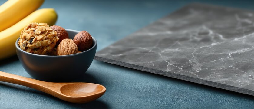 Rustic Kitchen Display: Bowl of Nuts, Bananas, and Wooden Spoon on Marble Texture - Powered by Adobe