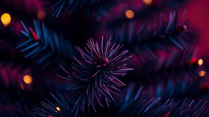 Extreme Macro Close-Up of a Christmas Tree in Rich Burgundy and Deep Blue with an Elegant and Sophisticated Aesthetic