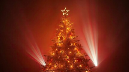 Christmas Tree with Volumetric Lighting in Warm Autumn Colors and Cozy Foggy Atmosphere