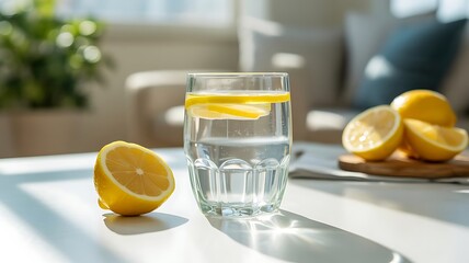 Glass of water with lemon slices and whole lemons on a table citrus fruit