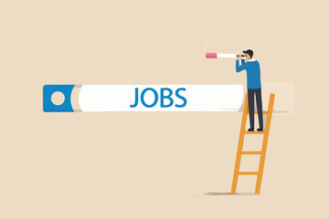 Man on ladder looking through telescope at jobs search bar seeking new career opportunities