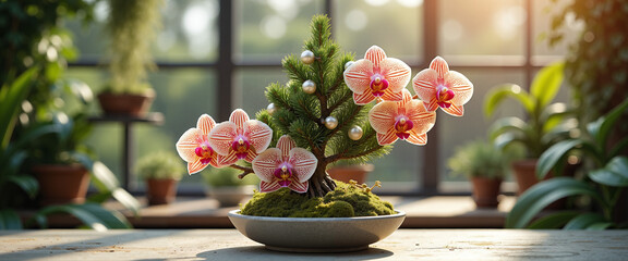 A Christmas tree made of orchids surrounded by decorative moss indoors  