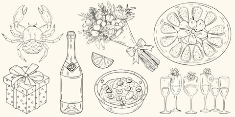 A delightful collection of hand drawn illustrations featuring a crab champagne bottle gift box floral bouquet citrus slices a bowl of food and champagne flutes © Asit