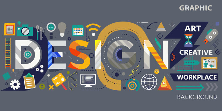 Graphic design and creative workplace concept with icons and typography