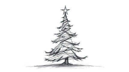 Hand-Drawn Sketch of a Christmas Tree in a Strong Moody Style with Low Contrast, Rough Lines, and Textured Pencil Strokes on a White Background