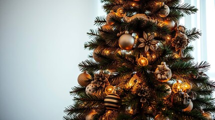 Graceful and Elegant Christmas Tree in Warm Golden Hour Light with Refined Features, Soft Illumination, and Low Contrast
