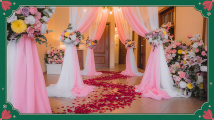 Romantic indoor wedding ceremony setup with pink and white floral decorations, elegant draped fabric, and rose petals on the aisle, creating a dreamy atmosphere for a celebration of love and beauty.