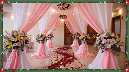 Romantic indoor wedding ceremony setup with pink and white floral decorations, elegant draped fabric, and rose petals on the aisle, creating a dreamy atmosphere for a celebration of love and beauty.