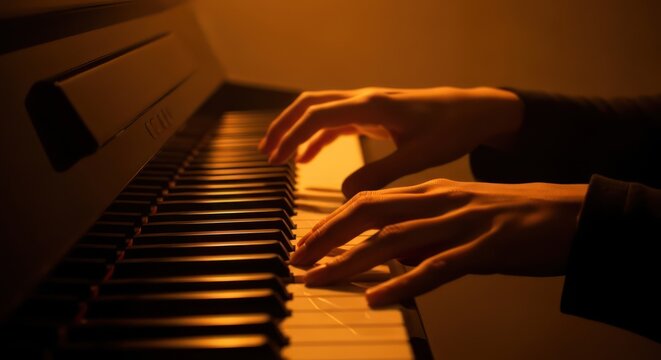 Close-up of hands playing a piano keyboard with warm lighting and a shallow depth of field in a dimly lit room.