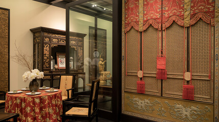 Luxurious antique Chinese-style interior with ornate wooden carvings, red silk textiles, traditional furniture, and cultural decor elements, showcasing heritage craftsmanship and imperial elegance.