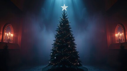 Intense Jet Black Christmas Tree in a Mystic Enchanting Atmosphere with Ethereal Dreamlike Lighting and Deep Shadows